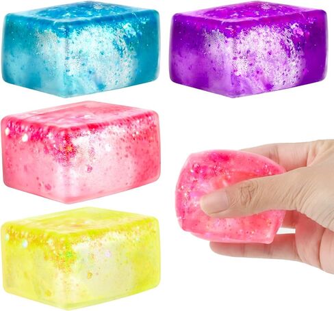 4 Pack Glitter Ice Cube Fidget Toys, Soft Cube Sensory Squishy Fidget Toys Square Squeeze Stress Balls for Kids Adults Anxiety Stress Relief, Classroom Prizes, Birthday Gifts Party Favors in Saudi Arabia
