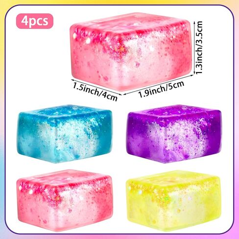 4 Pack Glitter Ice Cube Fidget Toys, Soft Cube Sensory Squishy Fidget Toys Square Squeeze Stress Balls for Kids Adults Anxiety Stress Relief, Classroom Prizes, Birthday Gifts Party Favors in Saudi Arabia