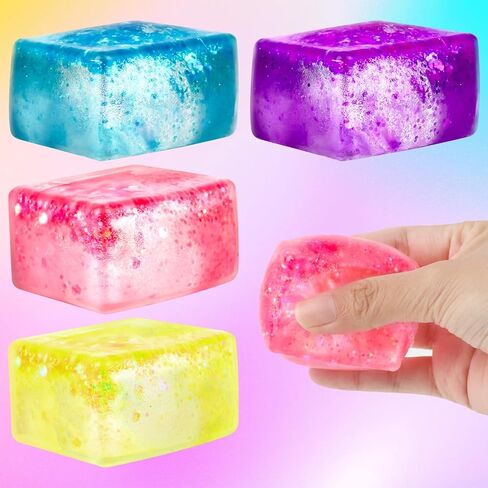 4 Pack Glitter Ice Cube Fidget Toys, Soft Cube Sensory Squishy Fidget Toys Square Squeeze Stress Balls for Kids Adults Anxiety Stress Relief, Classroom Prizes, Birthday Gifts Party Favors in Saudi Arabia