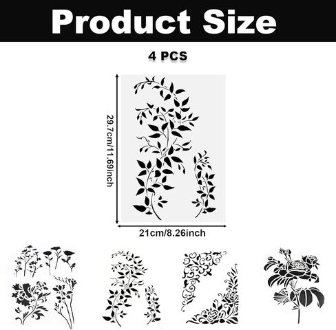 4PCS Large Floral & Vine Stencils for Painting on Wood Wall, 4 Styles Reusable Painting Templates, A4 Size Drawing Stencil for Scrapbooking, Photo Albums, Furniture Wall Art Home Decor & DIY Crafts in Saudi Arabia