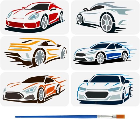 FINGERINSPIRE 6 Styles Fast Sports Car Stencils with a Brush 11.8x5.9Inch Racing Car Pattern Painting Stencils Speeding Car Drawing Template PET Transportation Theme Template for Wall Decoration in Saudi Arabia