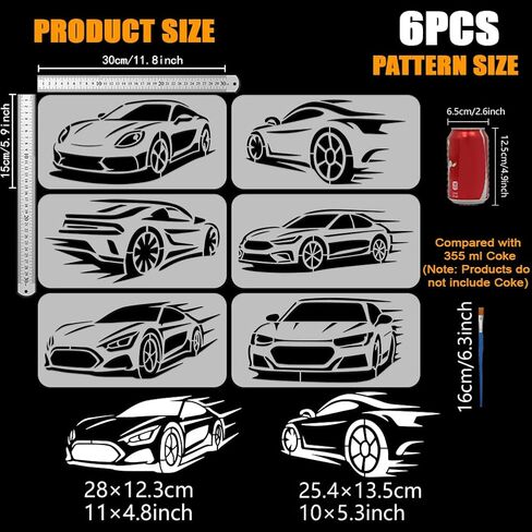 FINGERINSPIRE 6 Styles Fast Sports Car Stencils with a Brush 11.8x5.9Inch Racing Car Pattern Painting Stencils Speeding Car Drawing Template PET Transportation Theme Template for Wall Decoration in Saudi Arabia