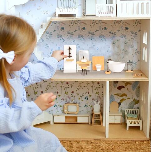 8 Pcs Dollhouse Bathroom Set 1:12 Scale Dollhouse Furniture, Miniature Doll House Modern Bathroom Accessories, Toilet Bathtub Sink and More, Modern Wood and Plastic in Saudi Arabia