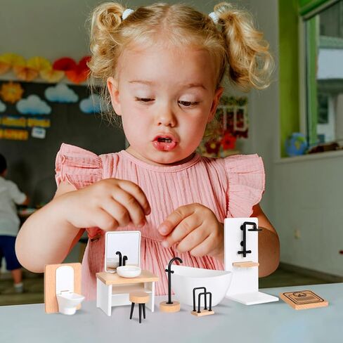 8 Pcs Dollhouse Bathroom Set 1:12 Scale Dollhouse Furniture, Miniature Doll House Modern Bathroom Accessories, Toilet Bathtub Sink and More, Modern Wood and Plastic in Saudi Arabia