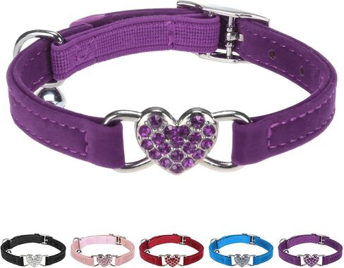 BINGPET Diamond Cat Collar,Adjustable Soft Velvet Leather Safe Kitten Collar with Crystal Heart Charm and Bells,Girl Boy Bling Stylish Cat Collars with Safety Elastic (Purple, Neck Girth 8"-10") in Saudi Arabia