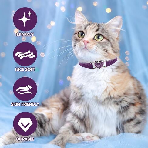BINGPET Diamond Cat Collar,Adjustable Soft Velvet Leather Safe Kitten Collar with Crystal Heart Charm and Bells,Girl Boy Bling Stylish Cat Collars with Safety Elastic (Purple, Neck Girth 8"-10") in Saudi Arabia