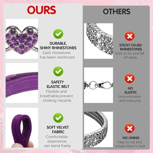 BINGPET Diamond Cat Collar,Adjustable Soft Velvet Leather Safe Kitten Collar with Crystal Heart Charm and Bells,Girl Boy Bling Stylish Cat Collars with Safety Elastic (Purple, Neck Girth 8"-10") in Saudi Arabia