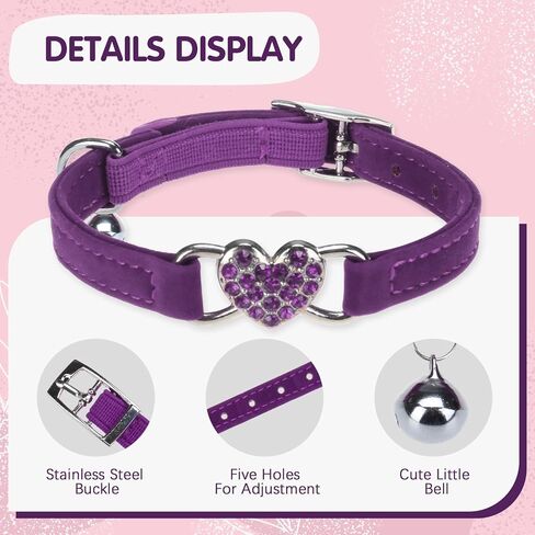 BINGPET Diamond Cat Collar,Adjustable Soft Velvet Leather Safe Kitten Collar with Crystal Heart Charm and Bells,Girl Boy Bling Stylish Cat Collars with Safety Elastic (Purple, Neck Girth 8"-10") in Saudi Arabia