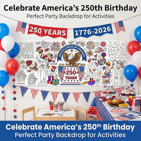 ملصق تلوين للذكرى السنوية الـ 250 للأطفال من Joyline USA 1776-2026 - تمثال النسر الوطني للحرية العلم الأمريكي مفرش طاولة كبير للأطفال والأنشطة اليدوية والحفلات وديكور الفصل الدراسي 31 × 72 بوصة in Kuwait