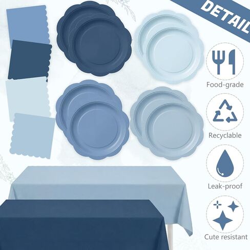 LemonRoad 100 Pcs Dusty Blue Paper Plates and Napkins and Plastic Tablecloth Set, Gradient Blue Disposable Dinner and Dessert Plates Tableware for Birthday Party Wedding Supplies Decoration in Saudi Arabia