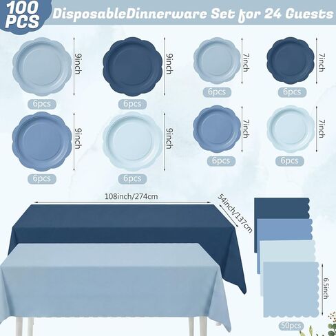 LemonRoad 100 Pcs Dusty Blue Paper Plates and Napkins and Plastic Tablecloth Set, Gradient Blue Disposable Dinner and Dessert Plates Tableware for Birthday Party Wedding Supplies Decoration in Saudi Arabia