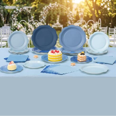 LemonRoad 100 Pcs Dusty Blue Paper Plates and Napkins and Plastic Tablecloth Set, Gradient Blue Disposable Dinner and Dessert Plates Tableware for Birthday Party Wedding Supplies Decoration in Saudi Arabia
