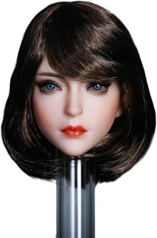 Fremego 1/6 Scale Female Head Sculpt, Beauty Asia Girl Planted Hair Head Carved Makeup Version for 12inch Female Action Figure Body (Black Curls Hair) in Kuwait
