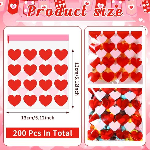 Aliceset 200 قطعة من أكياس حلوى عيد الحب مقاس 5.12 × 5.12 بوصة على شكل قلب عيد الحب من السيلوفان جودي كاندي كوكي هدية بلاستيكية ذاتية اللصق لمستلزمات تغليف حفلات الفشار in Saudi Arabia