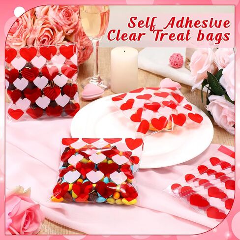 Aliceset 200 قطعة من أكياس حلوى عيد الحب مقاس 5.12 × 5.12 بوصة على شكل قلب عيد الحب من السيلوفان جودي كاندي كوكي هدية بلاستيكية ذاتية اللصق لمستلزمات تغليف حفلات الفشار in Saudi Arabia