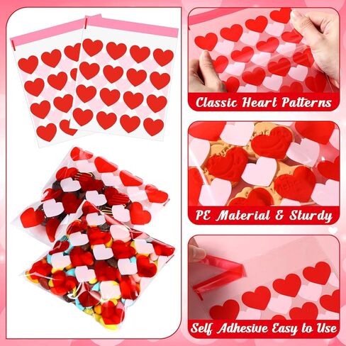 Aliceset 200 قطعة من أكياس حلوى عيد الحب مقاس 5.12 × 5.12 بوصة على شكل قلب عيد الحب من السيلوفان جودي كاندي كوكي هدية بلاستيكية ذاتية اللصق لمستلزمات تغليف حفلات الفشار in Saudi Arabia