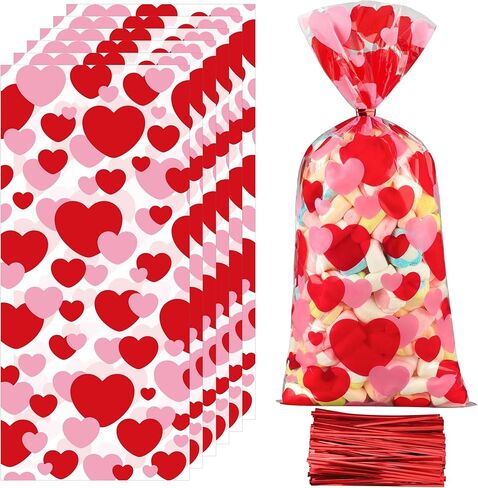 120 PCS Valentines Cellophane Treat Bags 10.8 x 5in Valentine Heart Clear Candy Bag Red Pink Hearts Plastic Goodie Bags with Twist Ties for Valentines Day Cookie Gift Bag Wedding Party Favors Supplies in Saudi Arabia