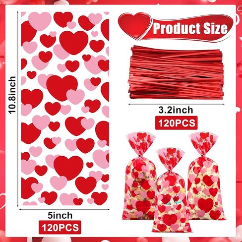 120 PCS Valentines Cellophane Treat Bags 10.8 x 5in Valentine Heart Clear Candy Bag Red Pink Hearts Plastic Goodie Bags with Twist Ties for Valentines Day Cookie Gift Bag Wedding Party Favors Supplies in Saudi Arabia
