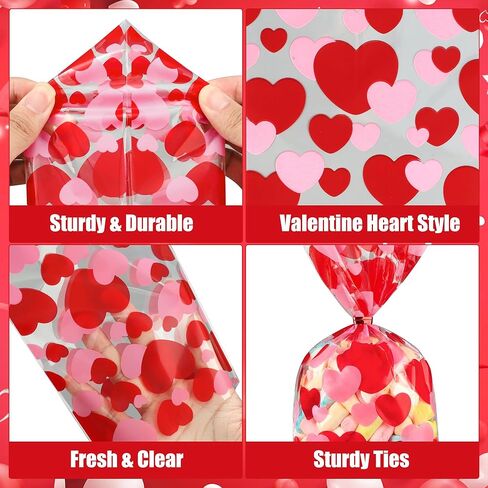 120 PCS Valentines Cellophane Treat Bags 10.8 x 5in Valentine Heart Clear Candy Bag Red Pink Hearts Plastic Goodie Bags with Twist Ties for Valentines Day Cookie Gift Bag Wedding Party Favors Supplies in Saudi Arabia