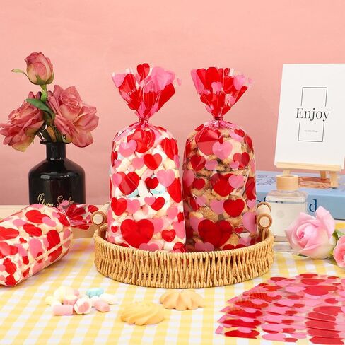 120 PCS Valentines Cellophane Treat Bags 10.8 x 5in Valentine Heart Clear Candy Bag Red Pink Hearts Plastic Goodie Bags with Twist Ties for Valentines Day Cookie Gift Bag Wedding Party Favors Supplies in Saudi Arabia
