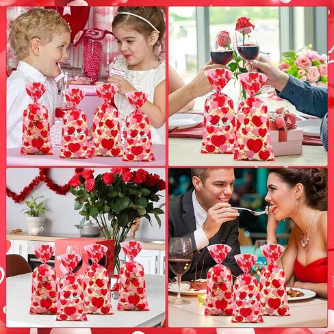120 PCS Valentines Cellophane Treat Bags 10.8 x 5in Valentine Heart Clear Candy Bag Red Pink Hearts Plastic Goodie Bags with Twist Ties for Valentines Day Cookie Gift Bag Wedding Party Favors Supplies in Saudi Arabia