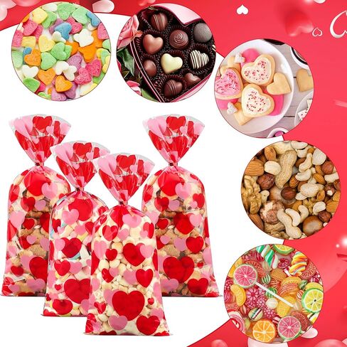 120 PCS Valentines Cellophane Treat Bags 10.8 x 5in Valentine Heart Clear Candy Bag Red Pink Hearts Plastic Goodie Bags with Twist Ties for Valentines Day Cookie Gift Bag Wedding Party Favors Supplies in Saudi Arabia