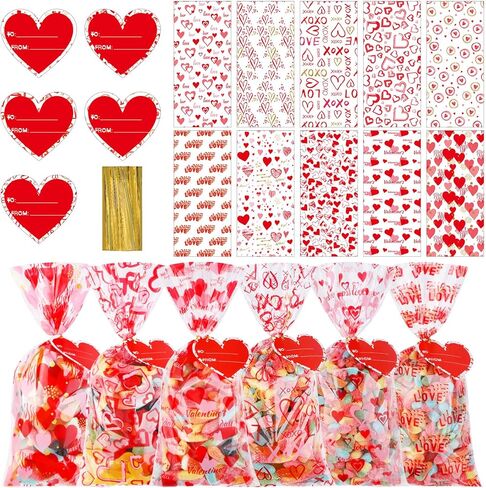 Aodaer 200 Pieces Valentine Cellophane Bags Plastic Valentines Party Treat Bags Clear Candy Gift Bags with 200 Twist Ties 50 Gift Tags, Assorted Style for Valentines Party Favors, 5 x 11 Inch in Saudi Arabia