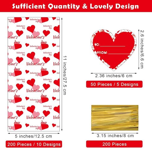 Aodaer 200 Pieces Valentine Cellophane Bags Plastic Valentines Party Treat Bags Clear Candy Gift Bags with 200 Twist Ties 50 Gift Tags, Assorted Style for Valentines Party Favors, 5 x 11 Inch in Saudi Arabia
