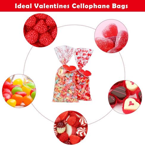 Aodaer 200 Pieces Valentine Cellophane Bags Plastic Valentines Party Treat Bags Clear Candy Gift Bags with 200 Twist Ties 50 Gift Tags, Assorted Style for Valentines Party Favors, 5 x 11 Inch in Saudi Arabia