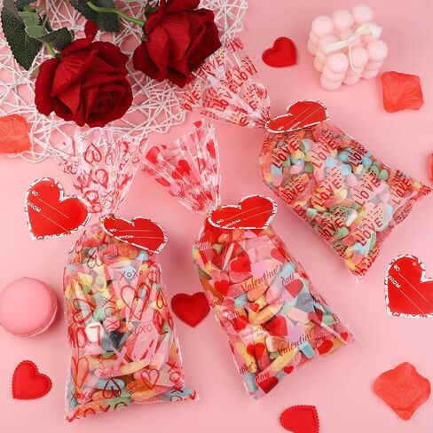 Aodaer 200 Pieces Valentine Cellophane Bags Plastic Valentines Party Treat Bags Clear Candy Gift Bags with 200 Twist Ties 50 Gift Tags, Assorted Style for Valentines Party Favors, 5 x 11 Inch in Saudi Arabia