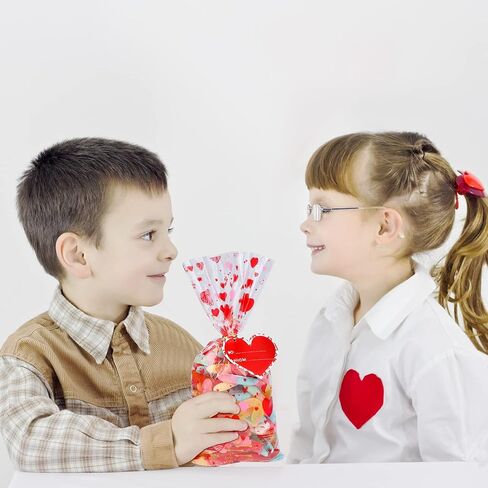 Aodaer 200 Pieces Valentine Cellophane Bags Plastic Valentines Party Treat Bags Clear Candy Gift Bags with 200 Twist Ties 50 Gift Tags, Assorted Style for Valentines Party Favors, 5 x 11 Inch in Saudi Arabia