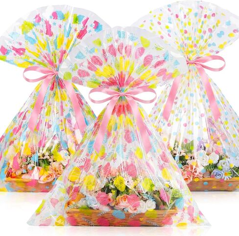 Tenceur 60 Pcs Giant Valentine's Day Heart Clear Cellophane Gift Bags with Red Ribbons - Large 25.6 × 31.5 Inches Valentine's Day Plastic Basket Wrapping for Gifts, Crafts, Dolls, and Toys in Saudi Arabia