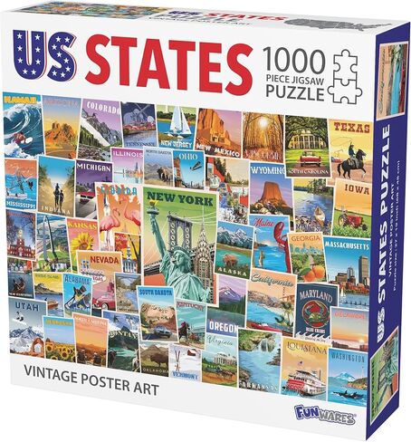 الولايات المتحدة الأمريكية ملصق فني عتيق مكون من 1000 قطعة من أحجية الصور المقطوعة مع معالم ومناطق جذب من جميع الولايات الخمسين in Kuwait
