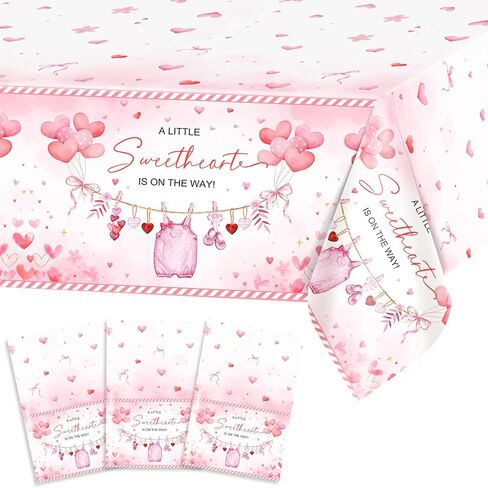 Avezano 3 pcs Valentines Baby Shower Decorations Valentine's Day Baby Shower Tablecloth 108 x 54 A Little Sweetheart is on The Way Table Cover Plastic Disposable for Girls in Saudi Arabia