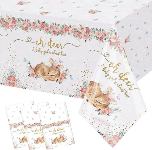 MEHOFOND 3 Pack Oh Deer Baby Shower Tablecloth 54x108 Inch, Disposable Plastic Pink Woodland Table Cover for Girl Baby Shower Party Decorations, Floral Deer Theme Tablecloth in Saudi Arabia
