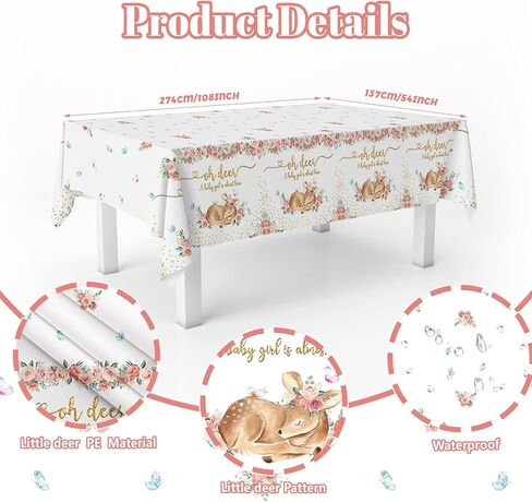 MEHOFOND 3 Pack Oh Deer Baby Shower Tablecloth 54x108 Inch, Disposable Plastic Pink Woodland Table Cover for Girl Baby Shower Party Decorations, Floral Deer Theme Tablecloth in Saudi Arabia