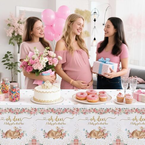 MEHOFOND 3 Pack Oh Deer Baby Shower Tablecloth 54x108 Inch, Disposable Plastic Pink Woodland Table Cover for Girl Baby Shower Party Decorations, Floral Deer Theme Tablecloth in Saudi Arabia