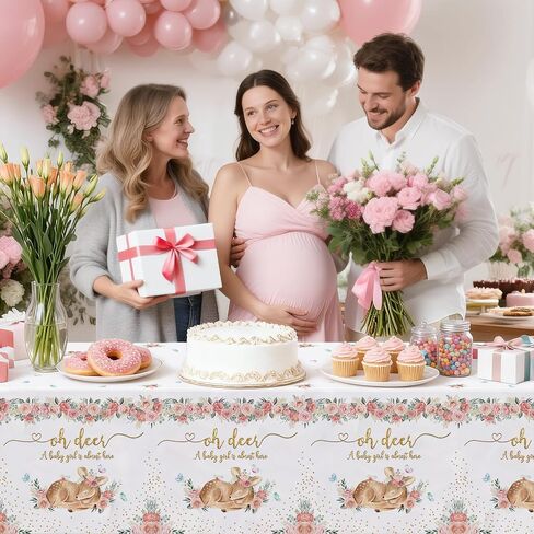 MEHOFOND 3 Pack Oh Deer Baby Shower Tablecloth 54x108 Inch, Disposable Plastic Pink Woodland Table Cover for Girl Baby Shower Party Decorations, Floral Deer Theme Tablecloth in Saudi Arabia