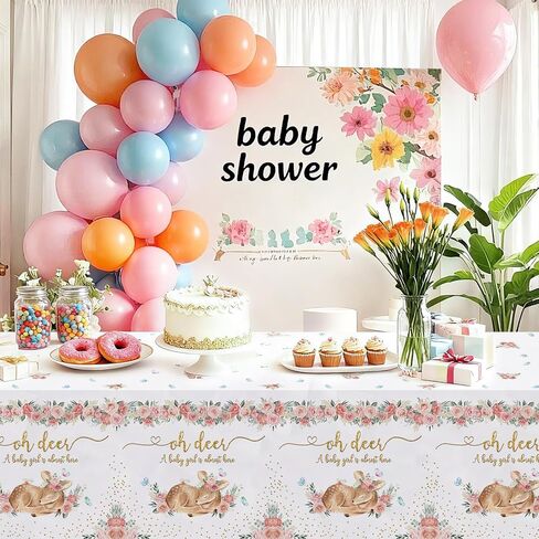 MEHOFOND 3 Pack Oh Deer Baby Shower Tablecloth 54x108 Inch, Disposable Plastic Pink Woodland Table Cover for Girl Baby Shower Party Decorations, Floral Deer Theme Tablecloth in Saudi Arabia