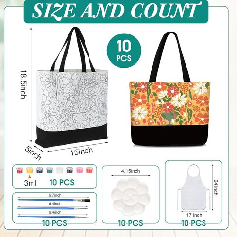10 Set Pre Drawn Canvas Bags Set Paint and Sip Kit for Adults Painting DIY Tote Bags Making Kit with Paintbrushes, Paints, Apron, Palette for Painting DIY Party Women Adults in Saudi Arabia
