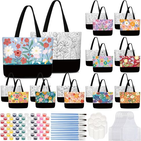 10 Set Pre Drawn Canvas Bags Set Paint and Sip Kit for Adults Painting DIY Tote Bags Making Kit with Paintbrushes, Paints, Apron, Palette for Painting DIY Party Women Adults in Saudi Arabia