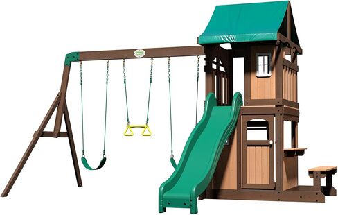 Backyard Discovery Lakewood Cedar Wood Swing Set, Covered Upper Deck with White Trim Window, Slide with Rails, Lower Fort Area with Door and Attached Bench, Swing Belts, Trapeze Bar, Stair Ladder in Kuwait