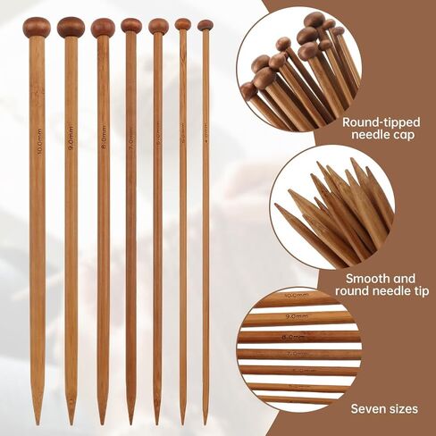 Axrivonte 7 Pairs Bamboo Knitting Needles Set with Stitch Holders & Bag, 4mm to 10mm Ergonomic Wooden Single Point Straight Needles for Yarn Craft for Knitters in Saudi Arabia