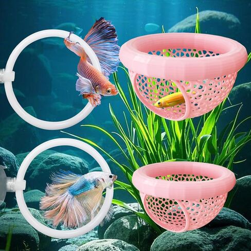 CAIJ Betta Exercise Ring & Floating Hammock Set, Aquarium Betta Fish Training and Feeding Rings, Multi-Functional Floating Resting Bed, Decorative Accessories for Small Fish Tanks Pink in Saudi Arabia