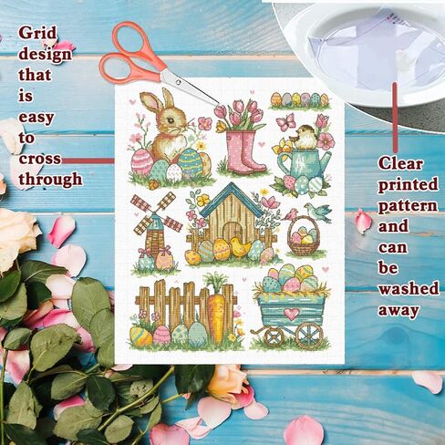FREEBLOSS Easter Cross Stitch Kit for Beginners and Adults Bunny and Eggs Stamped Crossstitch Kits 11CT Cross Stitch Wall Painting Kit for Home Decor Gift DIY Embroidery Kits in Saudi Arabia
