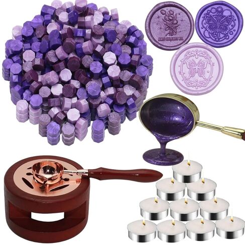 Sealing Wax Beads Kit, Atopbb 300pcs Mixed Purple Color Wax Seal Beads, 1pcs Wooden WaxSeal Warmer, 1pcs Melted Spoon and 10pcs Tea Candles for WaxSealing Stamp Kit (300, Purple) in Saudi Arabia