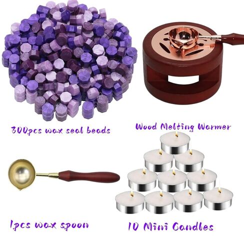 Sealing Wax Beads Kit, Atopbb 300pcs Mixed Purple Color Wax Seal Beads, 1pcs Wooden WaxSeal Warmer, 1pcs Melted Spoon and 10pcs Tea Candles for WaxSealing Stamp Kit (300, Purple) in Saudi Arabia