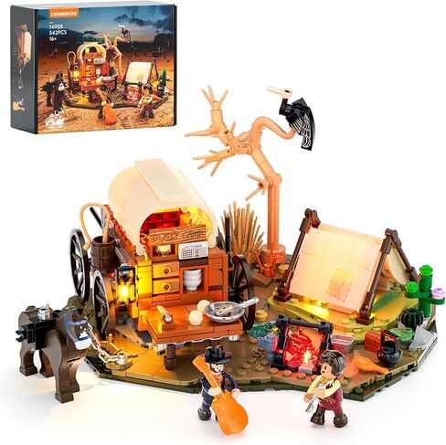 مجموعة مكعبات بناء إضاءة مخيم رعاة البقر - مأوى الغرب القديم مع عربة مغطاة وحصان مجموعة عرض مكونة من 542 قطعة للبالغين ومحبي الغرب in Kuwait