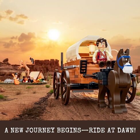 مجموعة مكعبات بناء إضاءة مخيم رعاة البقر - مأوى الغرب القديم مع عربة مغطاة وحصان مجموعة عرض مكونة من 542 قطعة للبالغين ومحبي الغرب in Kuwait