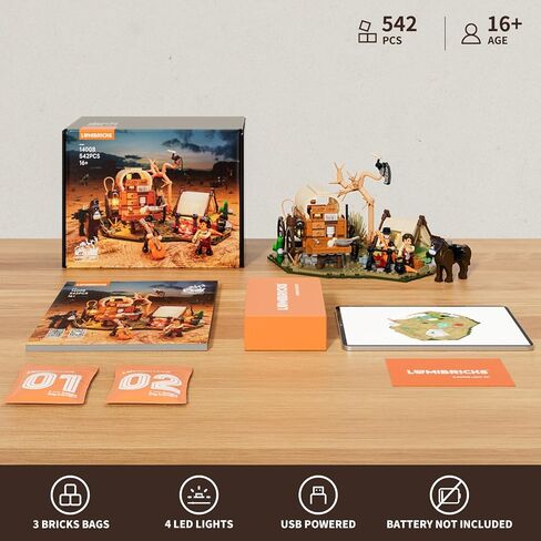 مجموعة مكعبات بناء إضاءة مخيم رعاة البقر - مأوى الغرب القديم مع عربة مغطاة وحصان مجموعة عرض مكونة من 542 قطعة للبالغين ومحبي الغرب in Kuwait